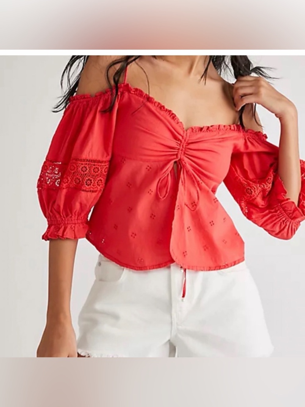 Off-Shoulder Red Eyelet Tie-Front Women's Top